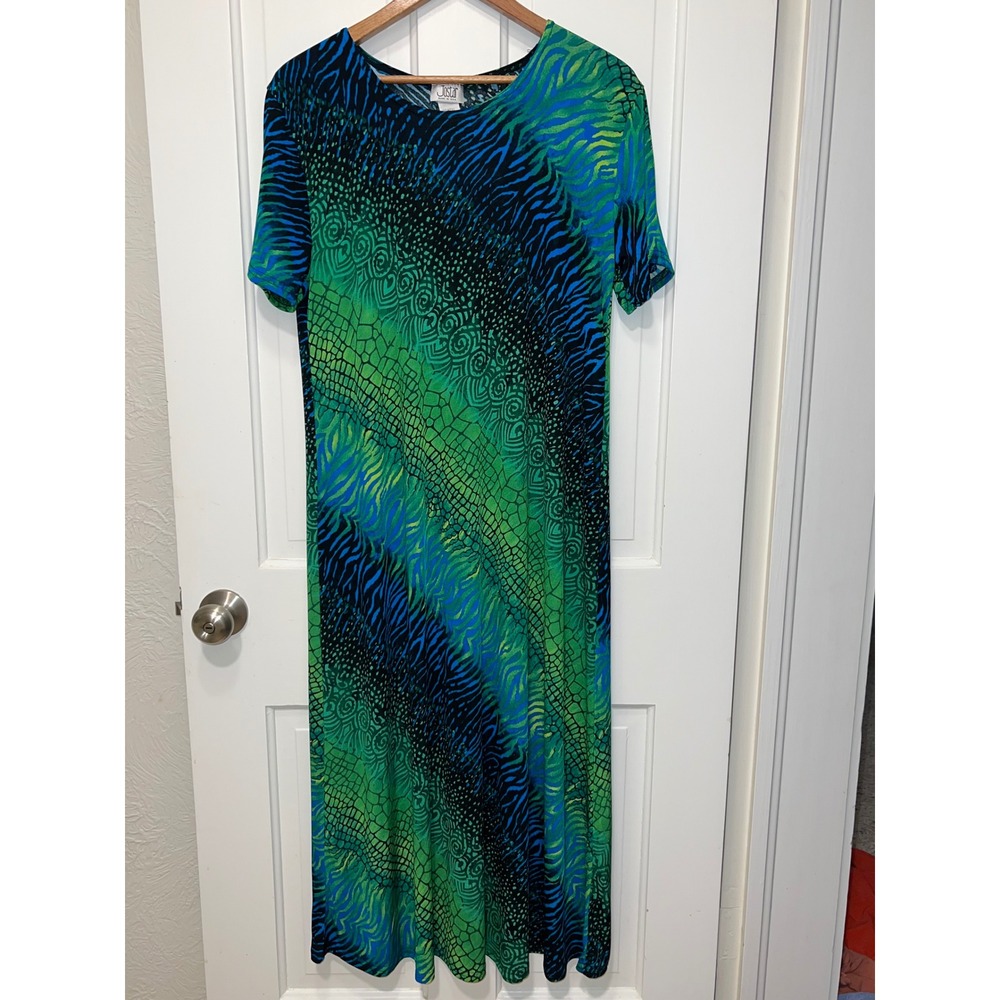 Jostar Womens Blue Green Animal Print Slinky Knit Maxi Dress Short Sleeve M USA
